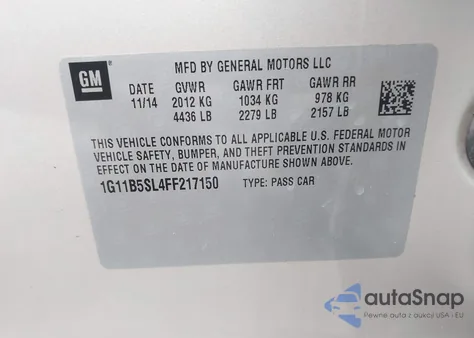 2015 Chevrolet Malibu Ls из США, поврежденный, VIN 1G11B5SL4FF217150